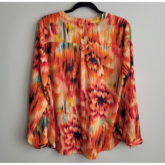 Zac & Rachel Womens Blouse Size XL Orange Abstract Roll Tab Sleeve Office Career - Picture 9 of 11